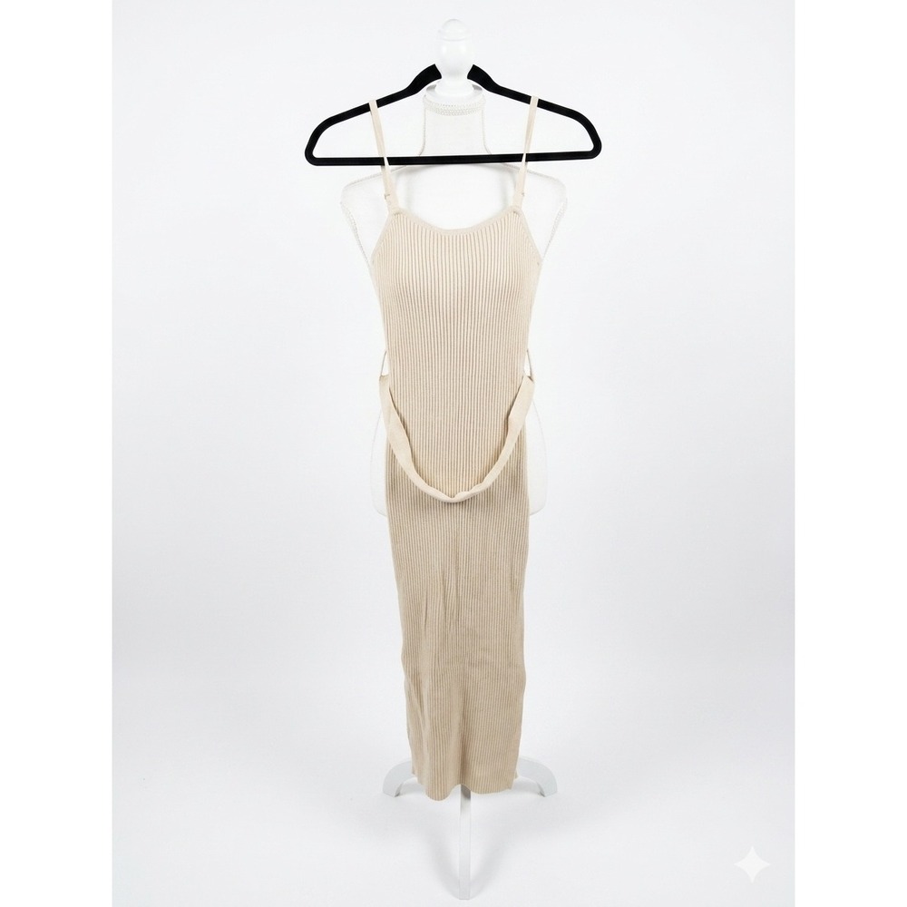 Endless Blu Ribbed Knit Midi Dress Beige Sleeveless Belted NWT Small UW0058